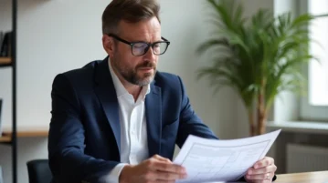 Homme d'âge moyen en costume bleu examine des documents de construction