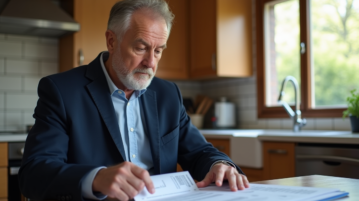Homme d'âge moyen examine des documents immobiliers à la maison