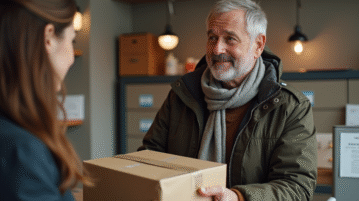 Homme d'âge moyen recevant un colis à la poste