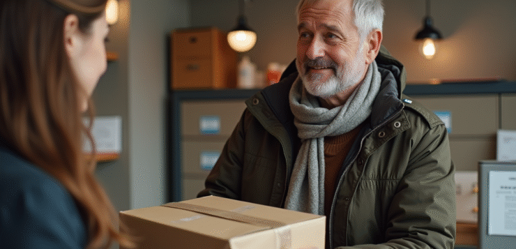 Homme d'âge moyen recevant un colis à la poste
