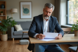 Homme d'âge moyen en blazer regardant des documents de location