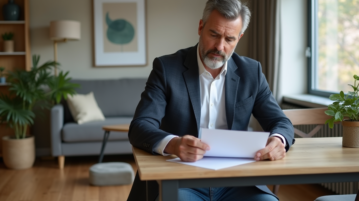 Homme d'âge moyen en blazer regardant des documents de location