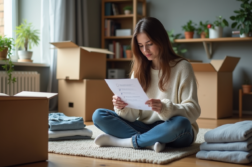 Jeune femme vérifiant sa liste de déménagement dans un appartement