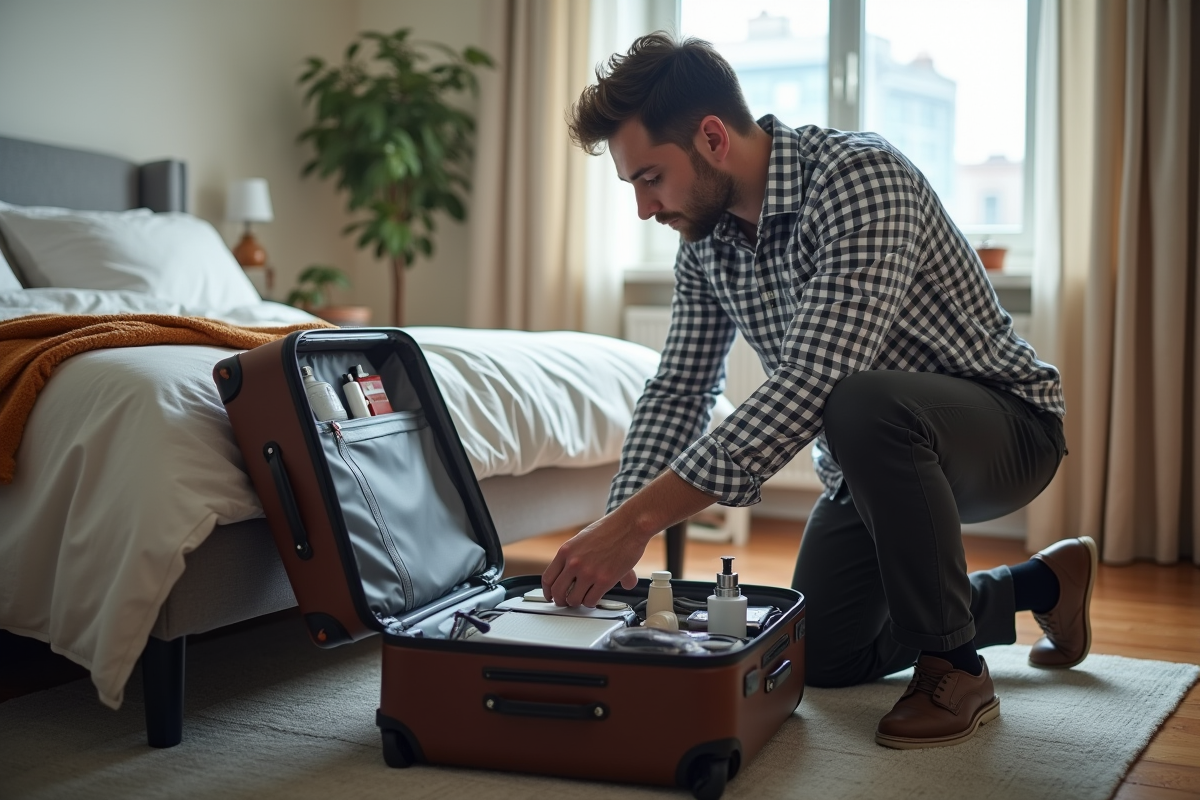 Jeune homme préparant ses affaires dans une chambre moderne