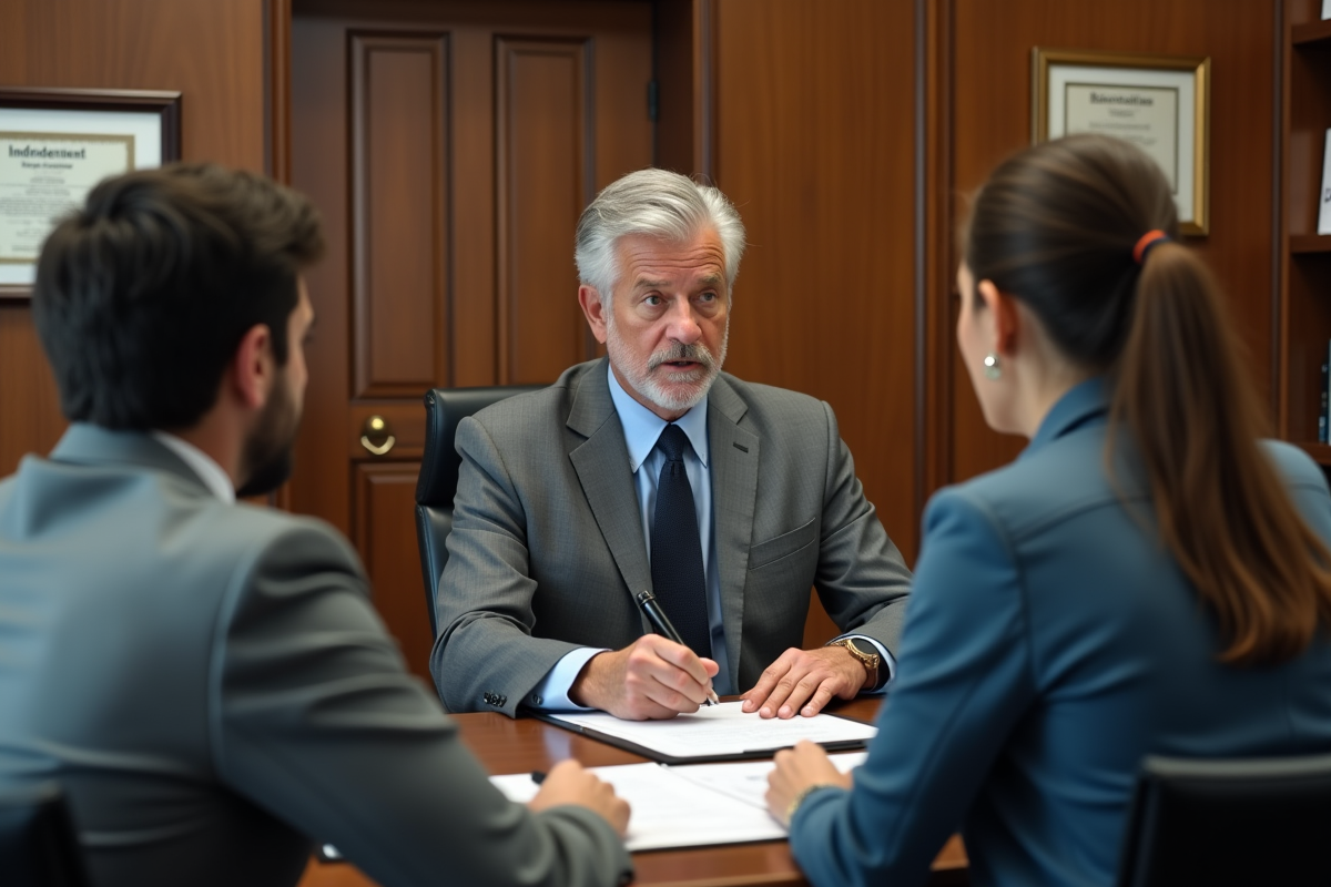 Notaire expliquant un dossier immobilier à un jeune couple