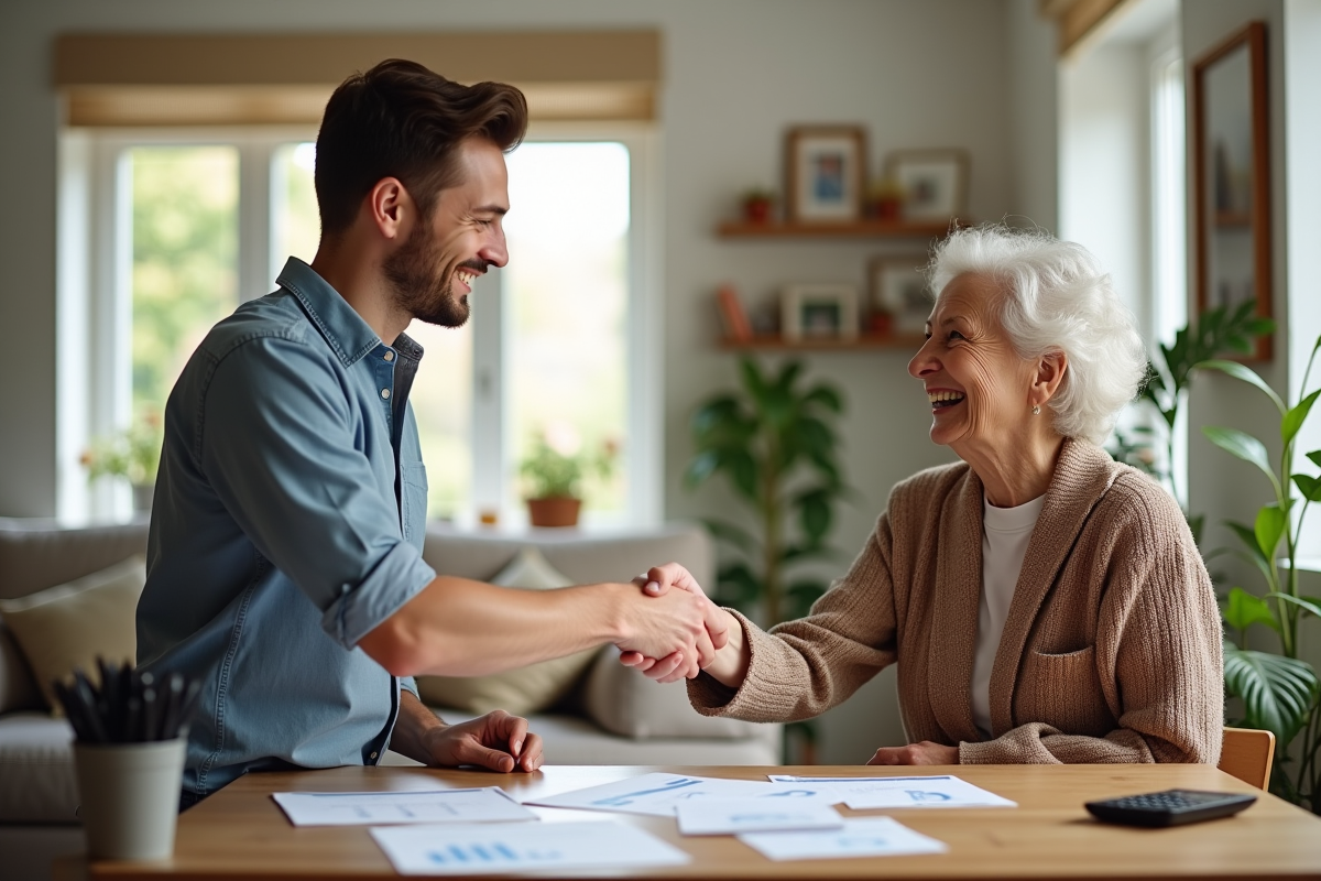 Jeune homme et femme âgée se serrant la main dans un salon lumineux
