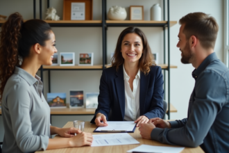 Agent immobilier souriante remettant un contrat de location à un couple