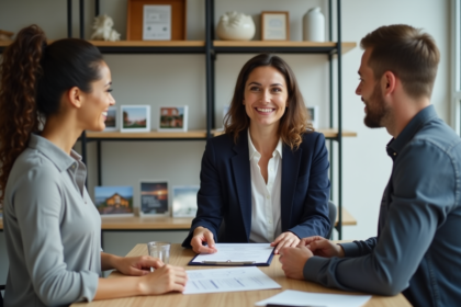 Agent immobilier souriante remettant un contrat de location à un couple