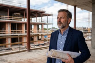 Architecte homme en blazer bleu sur un chantier en construction