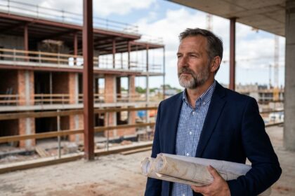 Architecte homme en blazer bleu sur un chantier en construction