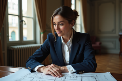 Femme professionnelle en costume bleu examine des plans dans un appartement haussmannien