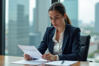 Femme d'affaires étudie des documents de prêt immobilier