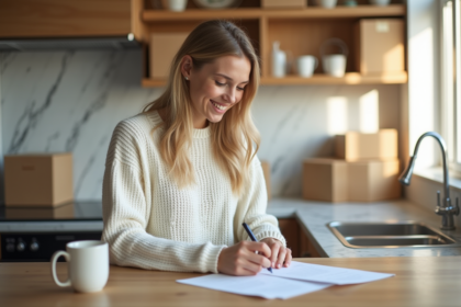 Jeune femme remplissant un formulaire de changement d'adresse dans une cuisine lumineuse