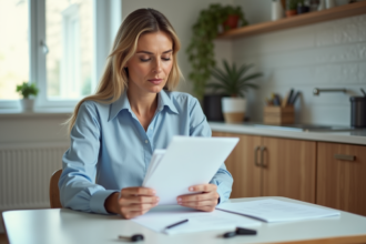 Femme d'âge moyen examinant un document avec des clés d'appartement