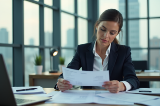 Femme en bureau professionnel examine un dossier de prêt immobilier