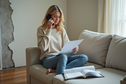 Femme inquiète avec documents d'assurance dans un salon endommagé par l'eau