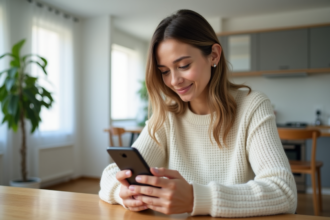 Femme assise à une table de cuisine moderne utilisant son smartphone