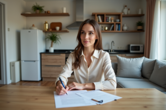 Femme signant un contrat de location dans une cuisine moderne
