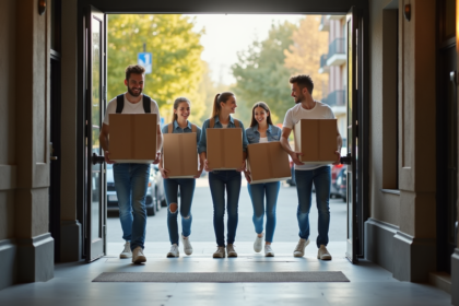 Groupe de quatre adultes déménageant dans un appartement moderne