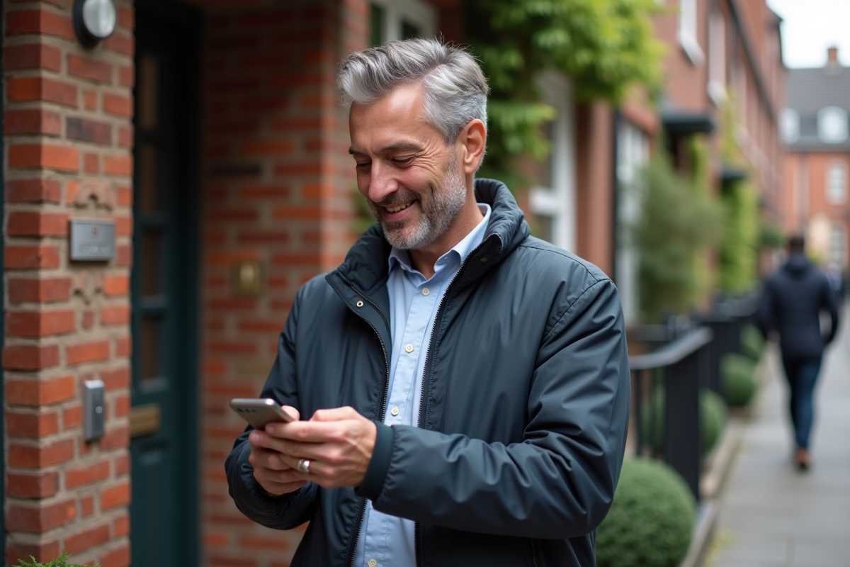 Homme en extérieur lisant un message sur son téléphone dans la rue