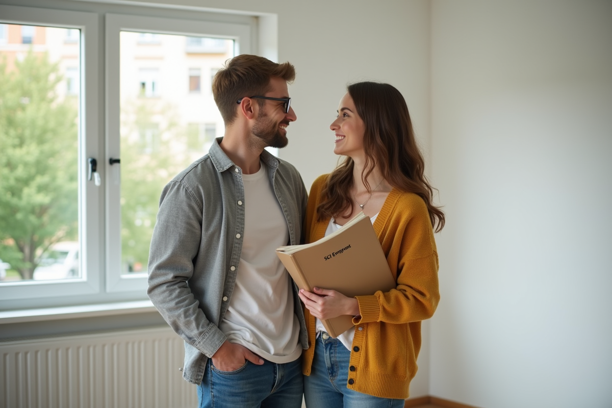 Jeune couple souriant avec clés dans un appartement lumineux