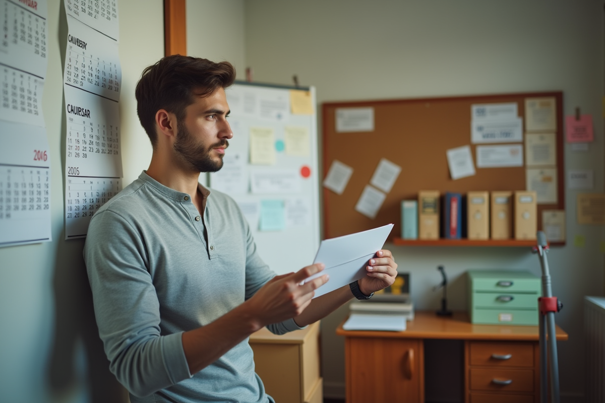 Jeune homme regardant un calendrier dans un bureau de location