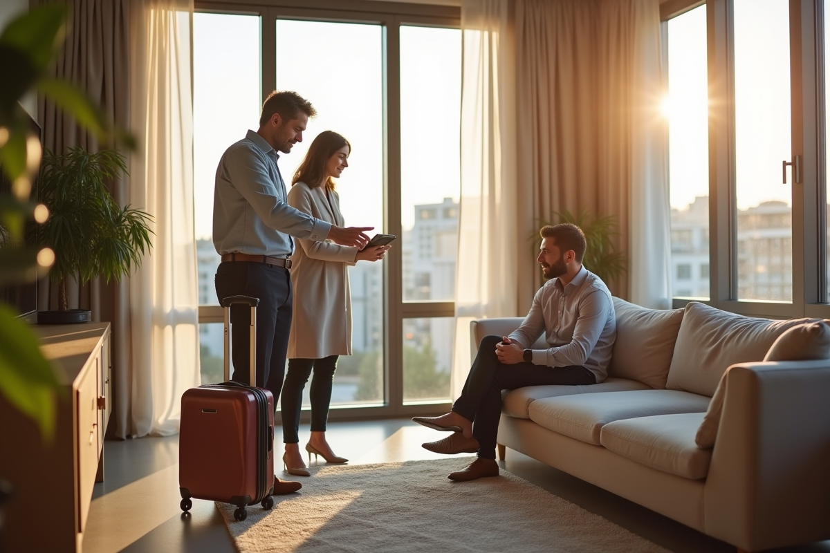 Agent montrant un appartement moderne à un jeune couple dans un salon lumineux