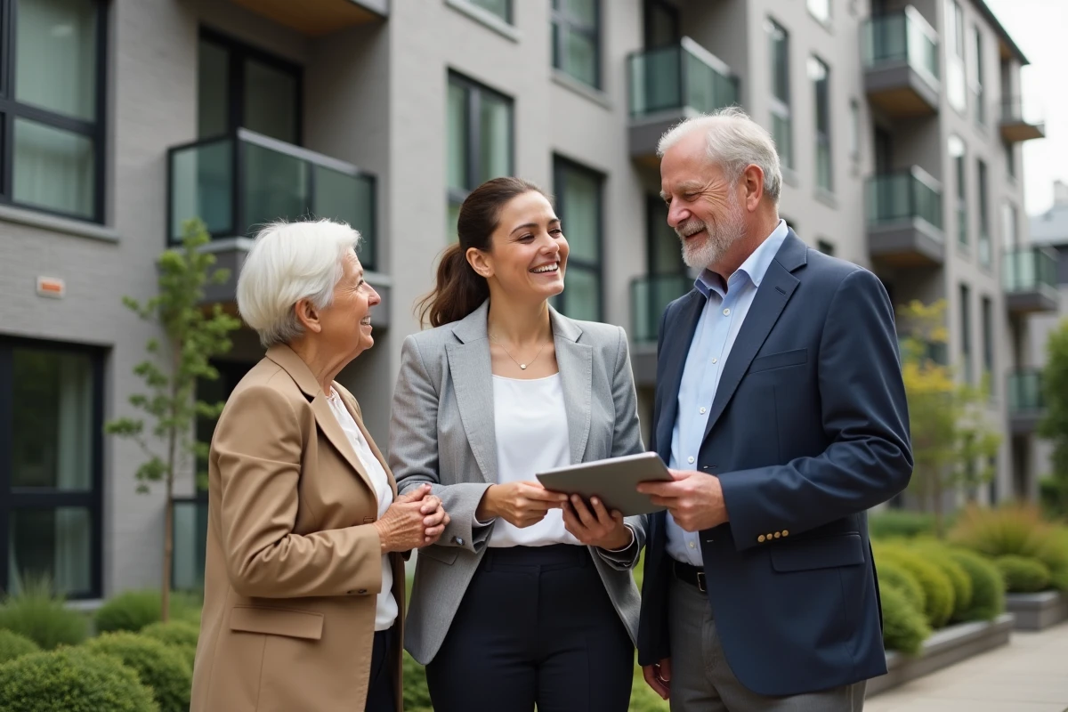 Agent immobilier parlant avec un couple devant un immeuble moderne
