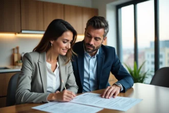 Couple d'adultes dans une cuisine moderne examinant des papiers immobiliers