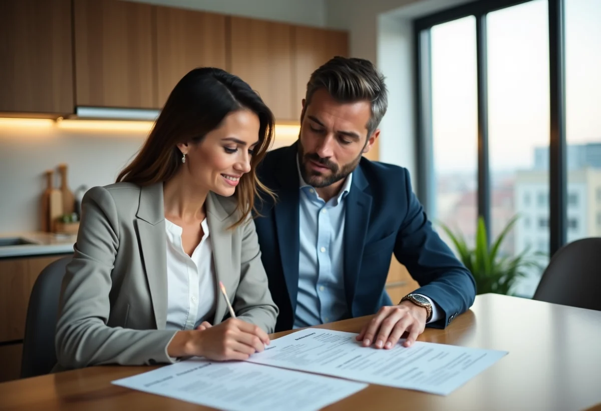 Couple d'adultes dans une cuisine moderne examinant des papiers immobiliers