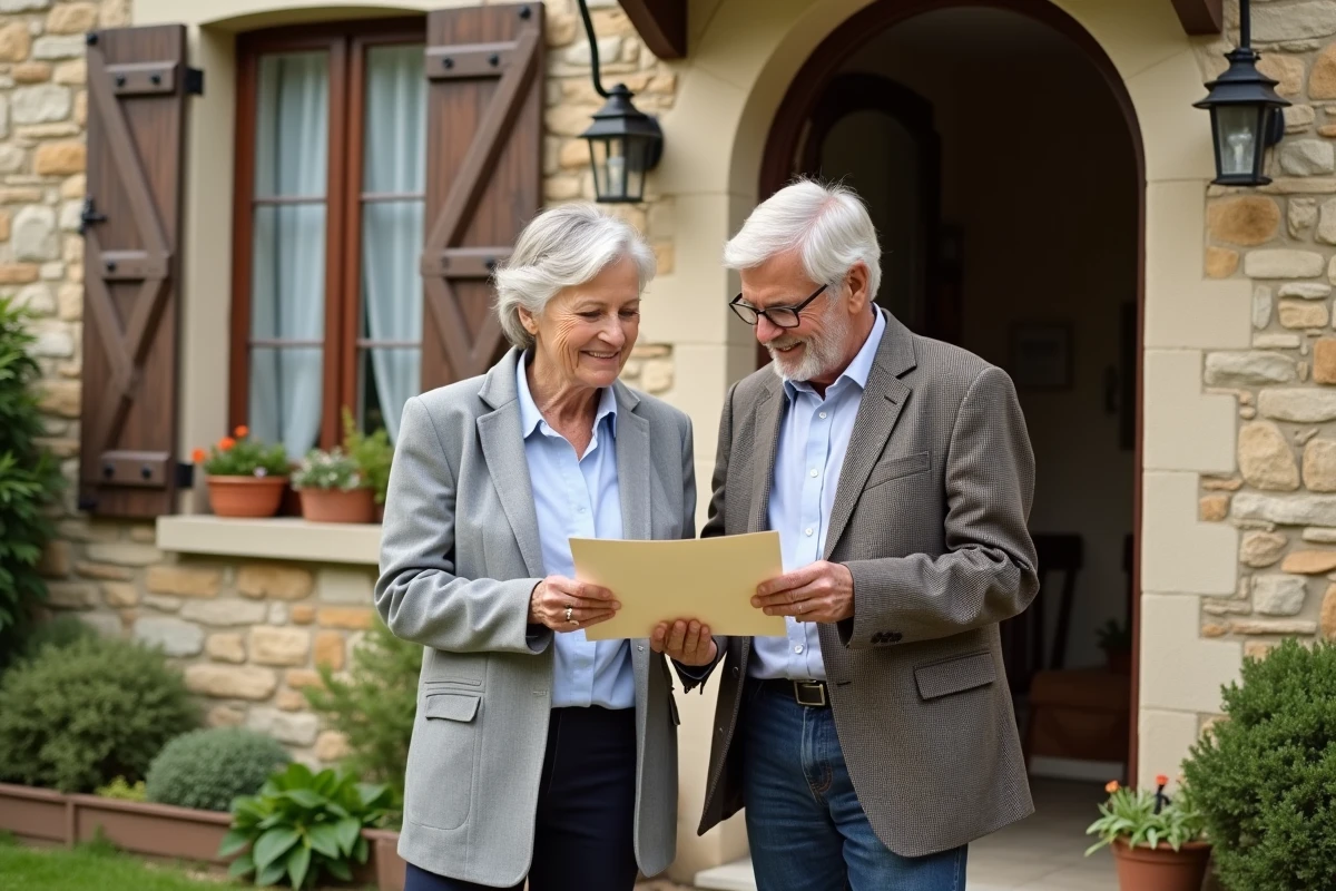 Couple retraité examine une lettre devant leur maison