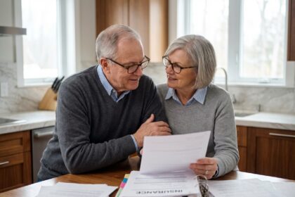Couple senior discutant de documents d'assurance à la maison