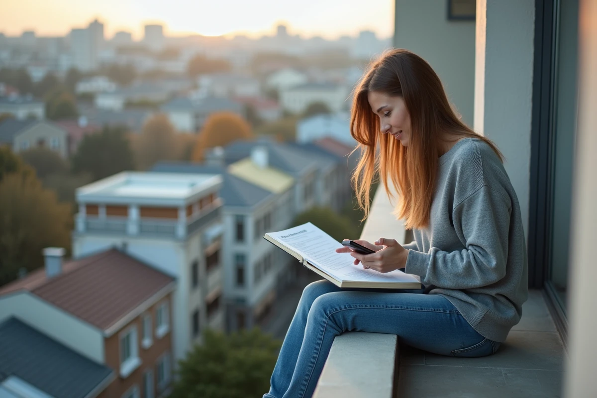 Femme consulte un contrat de location sur son smartphone en ville