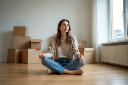 Jeune femme assise dans un appartement vide avec cartons