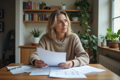 Femme lisant des documents de location dans un appartement parisien