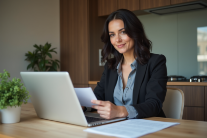 Femme en train de revoir des papiers de mortgage à la maison