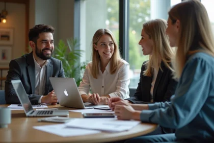 Groupe de professionnels en réunion dans un lobby moderne