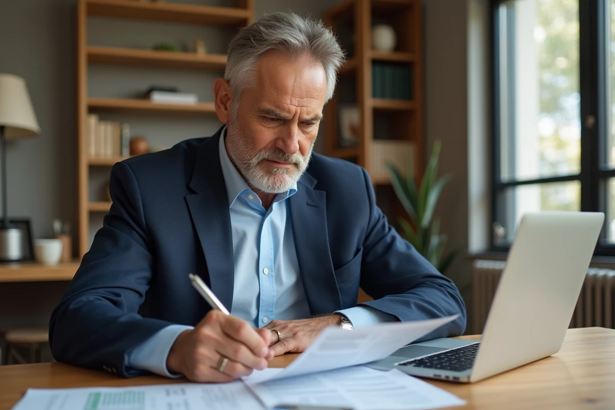 Homme d'affaires examine des formulaires fiscaux à la maison
