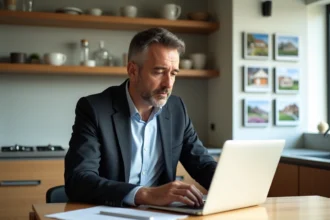 Homme d'âge moyen examine des détails immobiliers sur son ordinateur dans une cuisine moderne