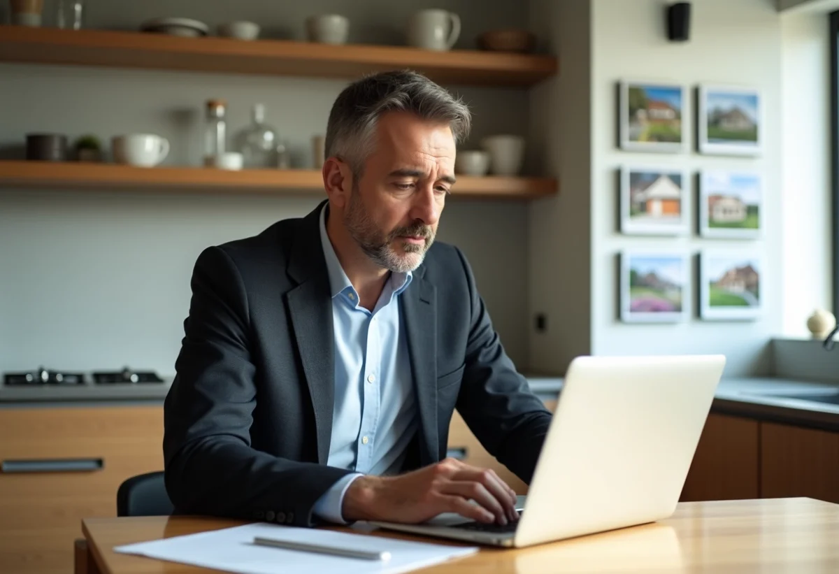 Homme d'âge moyen examine des détails immobiliers sur son ordinateur dans une cuisine moderne