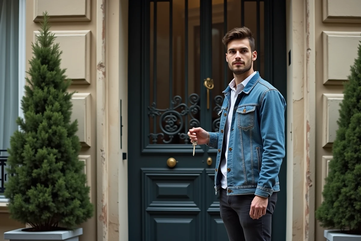 Jeune homme avec clés devant un immeuble parisien