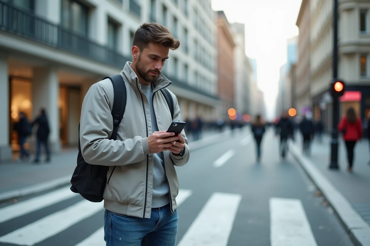 Jeune homme vérifiant son smartphone dans la rue urbaine