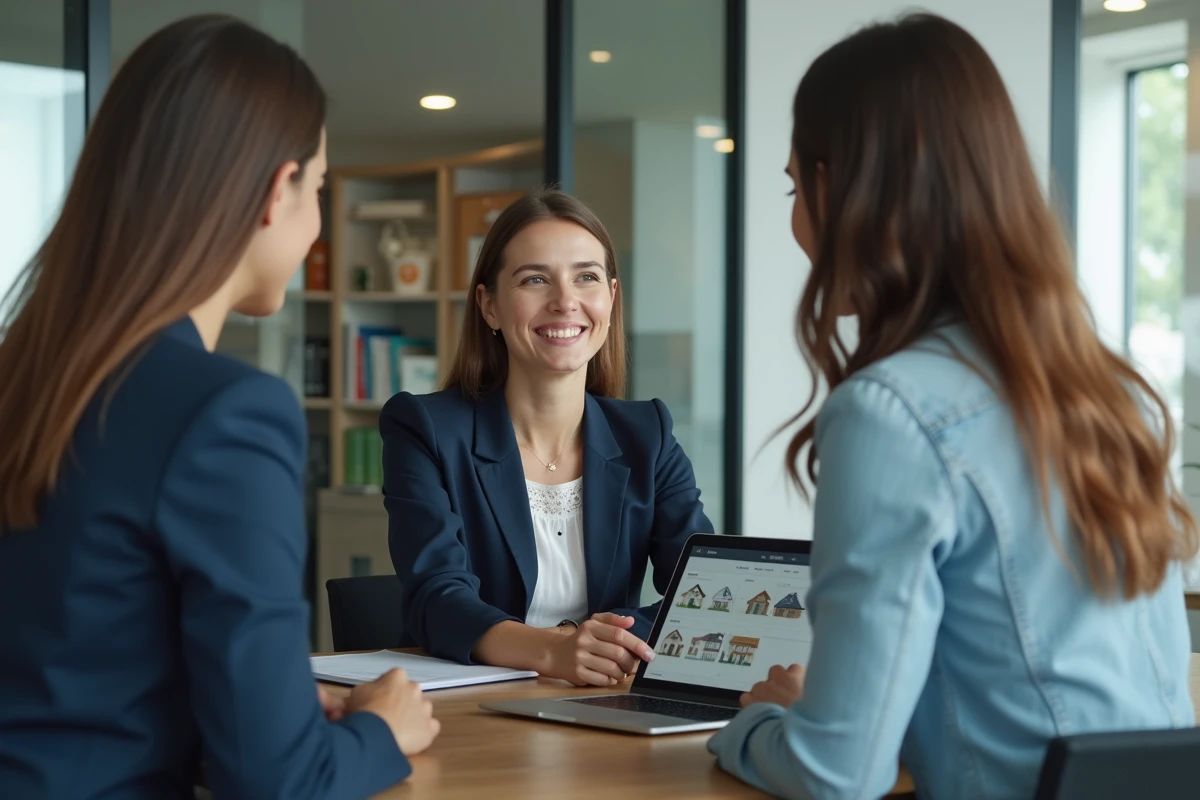 Conseillère immobilière expliquant des biens à un jeune couple dans un bureau moderne