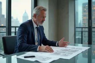 Expert immobilier en costume bleu examinant des plans architecturaux