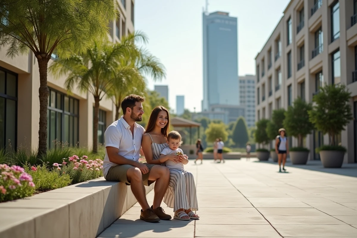 Famille assise dans la cour avec Almas Tower en arrière-plan