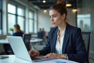 Femme d'affaires analysant des graphiques sur son ordinateur