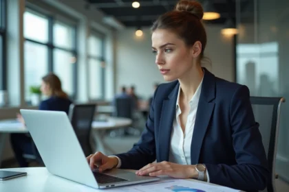 Femme d'affaires analysant des graphiques sur son ordinateur