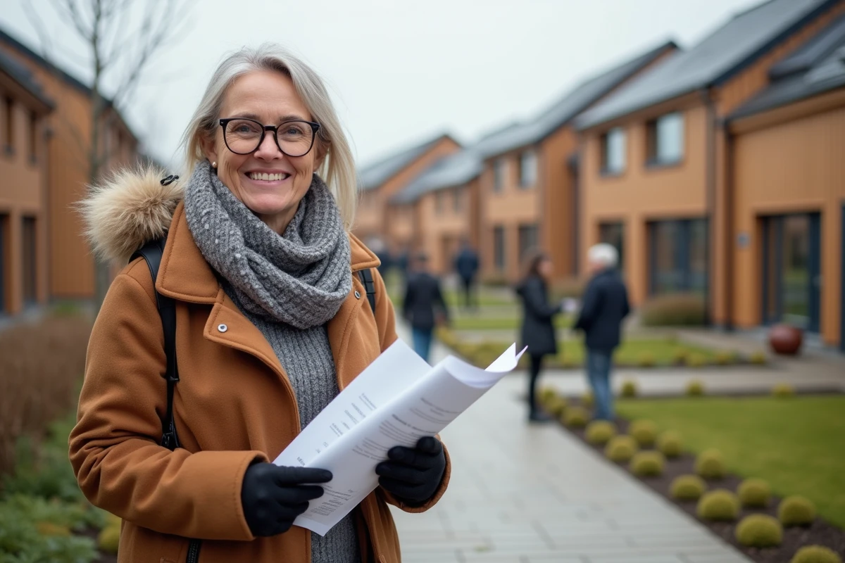 Femme souriante devant un projet immobilier neuf en extérieur
