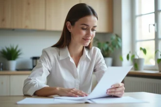 Jeune femme d'affaires en cuisine remplissant des papiers