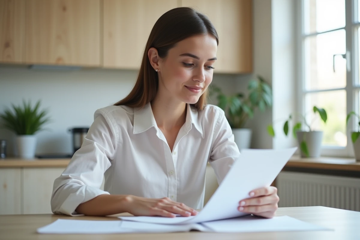 Jeune femme d'affaires en cuisine remplissant des papiers